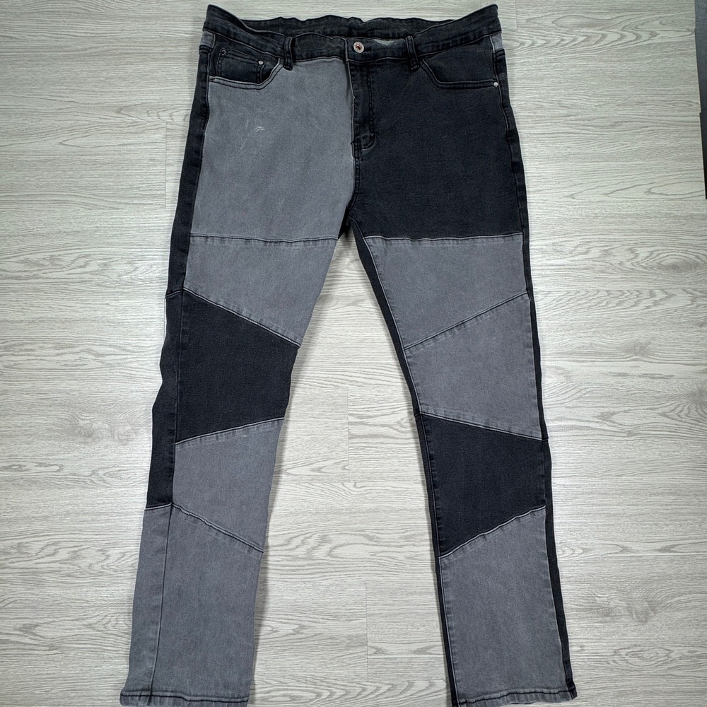 Men's Patchwork Jeans Grey Black Colorblock Slim Straight Size 40‎